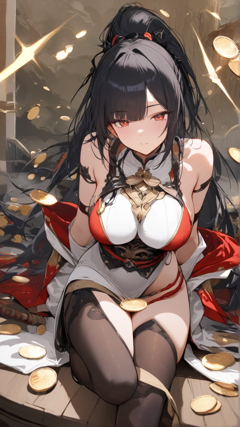 (((gigantic breasts))),((((((Long black hair)))))(((vulgarity))(((Black eyes))),(((large areolae)))(((disproportionate breasts))),(((gigantic breasts))) (1girl),((masterpiece)), ((best quality)), ((highest quality)), ((ultra-detailed)), ((8k cg wallpaper)), ((extremely delicate and beautiful)), ((illustration)), ((1girl, solo)), ((shrine maiden outfit)), ((miko)), ((red skirt)), ((red hakama))