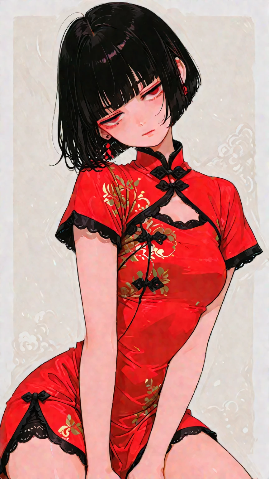 Period drama manga style A 15-year-old super beautiful Chinese girl with black hair in a bun cut She is naked and wearing a long sleeved Chinese dress and her nipples are visible.