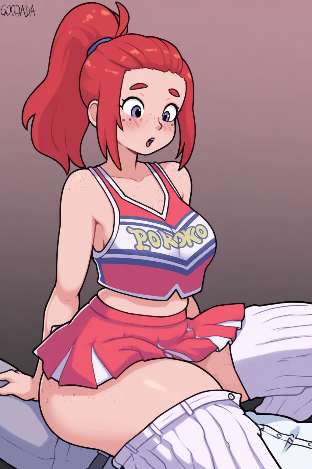 Frankie Foster from Foster Home For Imaginary Friends, red hair, slim, white shirt, midriff, hairclip, choker, purple skirt, orange socks, blue sneakers, kneeling, doggystyle sex, room, 3d, spiky hair, ponytail, on all fours, penis on butt, veiny penis
