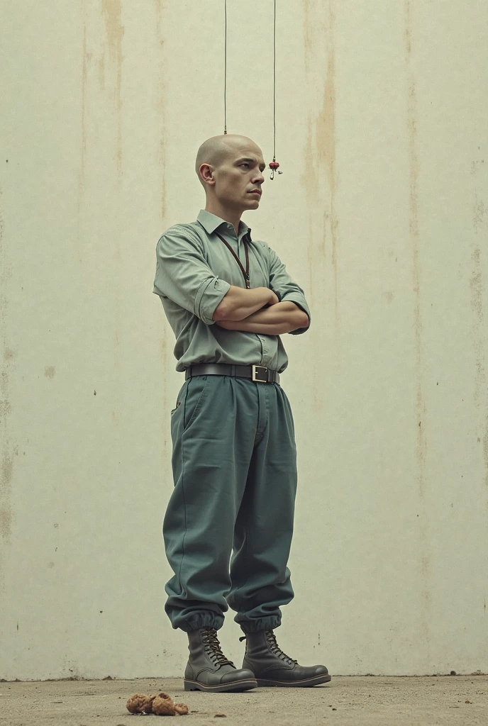 Full body photography. bald man homeless homeless and drug addict beggar young white man 25 years old green eyes looks in front of the camera with very sad expression and a tear and with dimples. He is extremely thin, malnutrido, huesos. Se encuentra de pie en la calle de Barcelona
