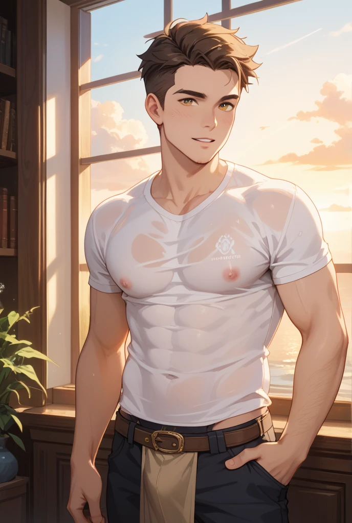 Slim boy, sexy body, pretty and delicate face, short brown hair, pink cheeks, delicate lips, pink nipples, blue eyes, scared expression. He is wearing white panties, holding a brown teddy bear, standing in the bedroom doorway at night.