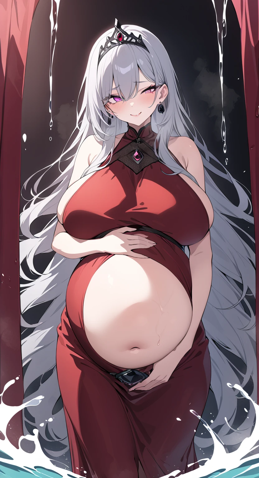 heavily pregnant ghost woman with grey long hair, grey eyes, happy