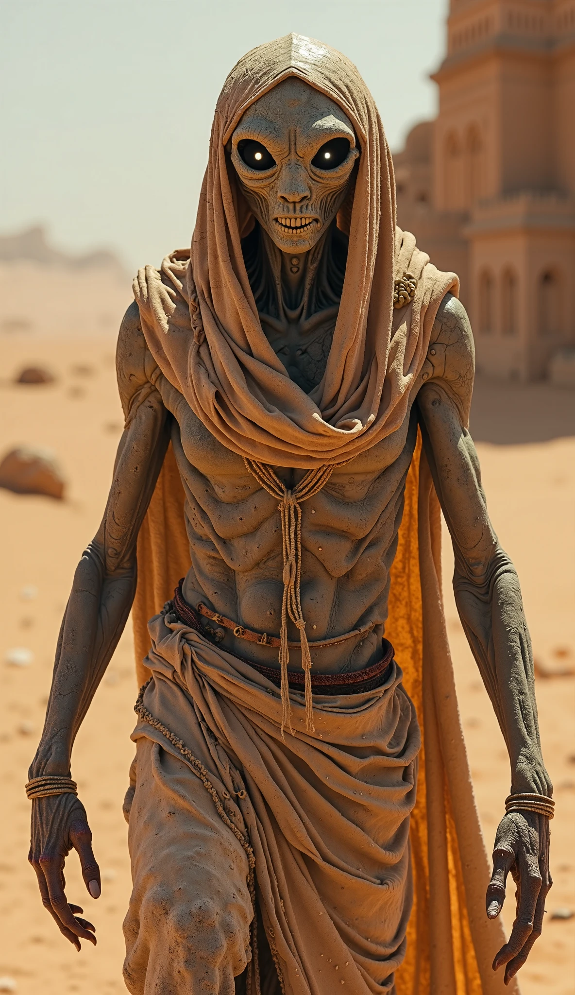 NSFW (male rotting Egyptian mummy with big penis) full body, standing on a deserted beach