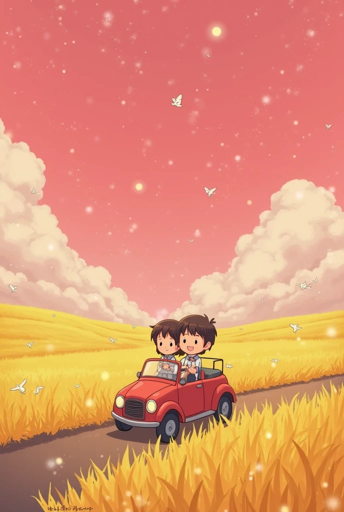 (Masterpiece, best ultra HD quality) Two children sitting in a hot air balloon flying in the sky, smiling, fine facial features, sun, clear blue sky and white clouds, rainbow, meadow, summer - ultra HD quality --auto