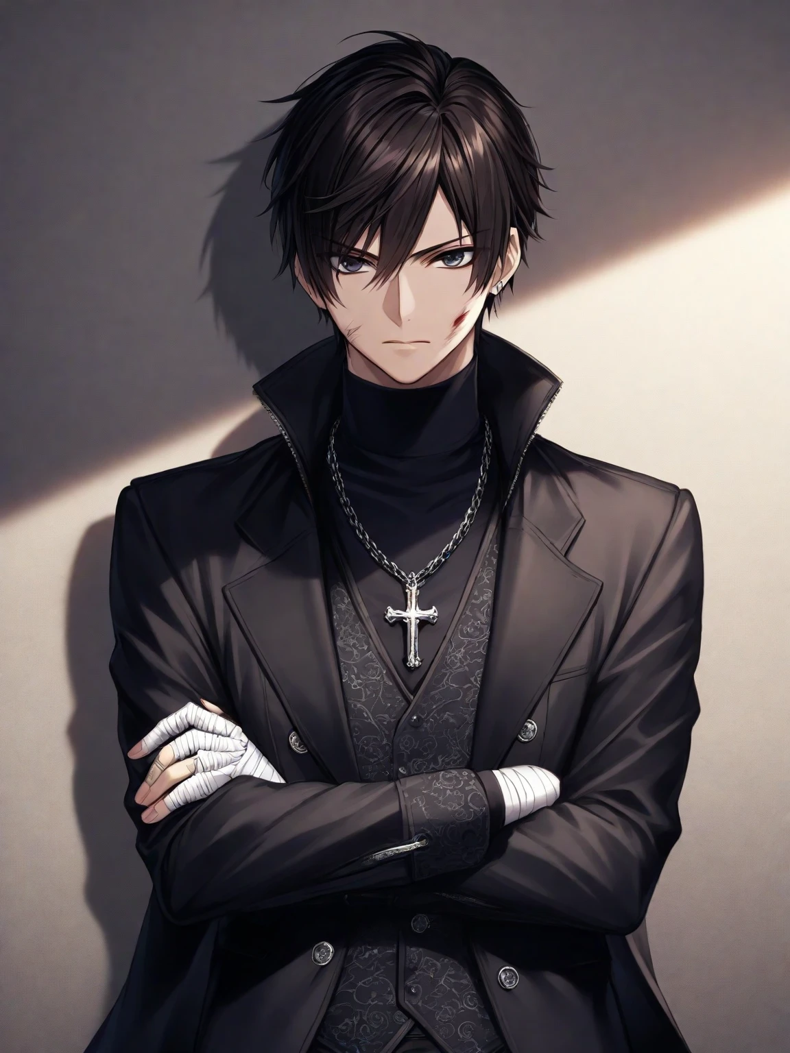 Environment: A gloomy evening envelops the city of Noctisburg. Narrow streets, lit by flickering lanterns, create dancing shadows. Weathered stone walls hold secrets whispered by night winds. The air is thick, charged with distrust and the receiving of the Curse of Wrath that hangs like an eternal shadow over the city. Renegade Character: Kaito Hoshizora Appearance: Shaggy black hair, dark clothes that absorb light, eyes that reflect the pain of abandonment. Personality: Determined and reserved, Kaito hides his emotional scars behind a cold facade. Your soul is shaped by betrayal. Curse of Wrath Power: Shadows obey your command, wrapping around your hands like claws. Your wrath will intensify this power, unleashing a dark vision of destruction. Curse Marks: Shadowy tattoos that snake down his arm, glowing when the Curse is activated. Abilities: Supernatural speed, keen night vision, and the ability to manipulate shadows for attacks and defense. Scene: Kaito walks the dark roads of Noctisburg, a lonely silhouette in the gloom. Your footsteps echo, echoing your loneliness. As you approach a run-down tavern, murmurs of distrust spread. Furthermore, there is a sinister presence that leaves patrons in an uncomfortable silence. Dialogue: (Kaito, responding to murmurs) Kaito: (in a cold voice) The Curse of Wrath doesn't make choices. It's just power, no mercy. (Tavern murmurs) Unknown: Is this the damn boy who is said to have ruined our town? (Kaito, looking at the piercing eyes) Kaito: Disgrace? The real misfortune is the corruption that hides in the shadows of those who call themselves righteous. Kaito's dark aura creates a tense atmosphere in the tavern, revealing a duality between the renegade boy and the city that disowned him. Additional Environmental Details: Dim light reveals faded murals telling the story of the Curse of Wrath. Candles flicker, creating shadows that dance on the walls. The icy atmosphere reflects the emotional coldness that Kaito developed to surv