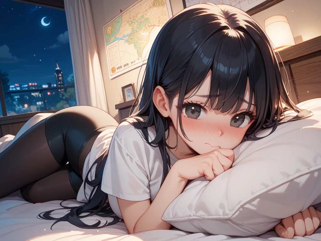 (((Masterpiece, highest quality, high definition, high detail)))), (((modern))), ((bedroom)), ((laying on bed)), (((one girl))), A girl in hotel room at night, neon lights, beautiful face, tomboy, wearing hoodie, dark pajama shorts, (dark skin2), (black + short wavy hair1.2), yellow eyes, blunt bangs, wearing hoodie, gym panties, blushed face, small breasts, High resolution, dark ambiance by professional AI, hotel room, night, dark sky, looking at viewer, (((One girl in middle))), (((SOLO))), (((moon and stars)))