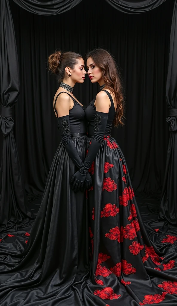 A brown woman with long straight black hair with one part thrown to the left side and the other with a red and black rose wearing a dress with a red and black corset and a black skirt with red glitter and golden accessories along with red lipstick and along with a black cat and a woman with a black dress and black hair thrown to the left side covering part of her face