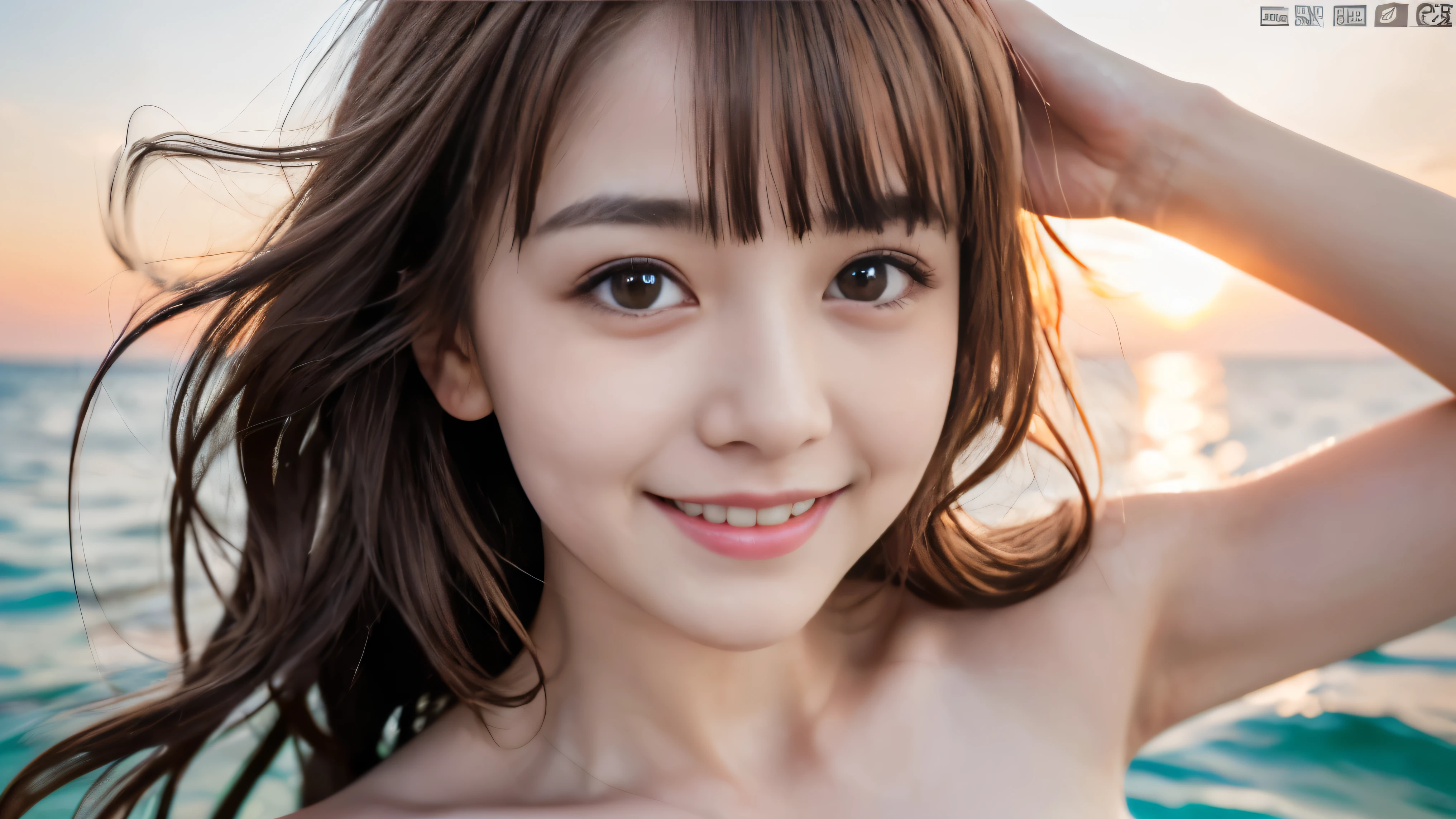 (((8ｋ,highest quality，Attention to detail,Attention to detail、masterpiece,Attention to detail,alone))),RAW Photos & Realistic atmosphere，(beautiful, Well-proportioned face,)，(beautiful dark eyes,Mouth Details,Glossy Lips,Thin eyebrows),The most beautiful ，Natural beautiful eyes，Brown Hair，Brown gentle eyes，iris，Glowing soft white skin、Her deep black eyes are so beautiful,Lip details、Very beautiful face,Very beautiful face、beautiful face,beautiful, Glowing Lips,beautifulThin eyebrows,Infinite Faces, Realistic Young Gravure Idol, Very cute beautiful girl , Young Gravure Idol, ((Young Gravure Idol, Very beautiful and cute 18 year old beauty,Incredibly beautiful and elegant 18 year old)),Natural soft light,（Shiny Hair,,beautiful and kind eyes：1.5）,A very kind smile,Shapely breasts,Medium Long Hair,Seaside，Red Bikini,beautiful posture,No makeup，Background sea, A small smile，
