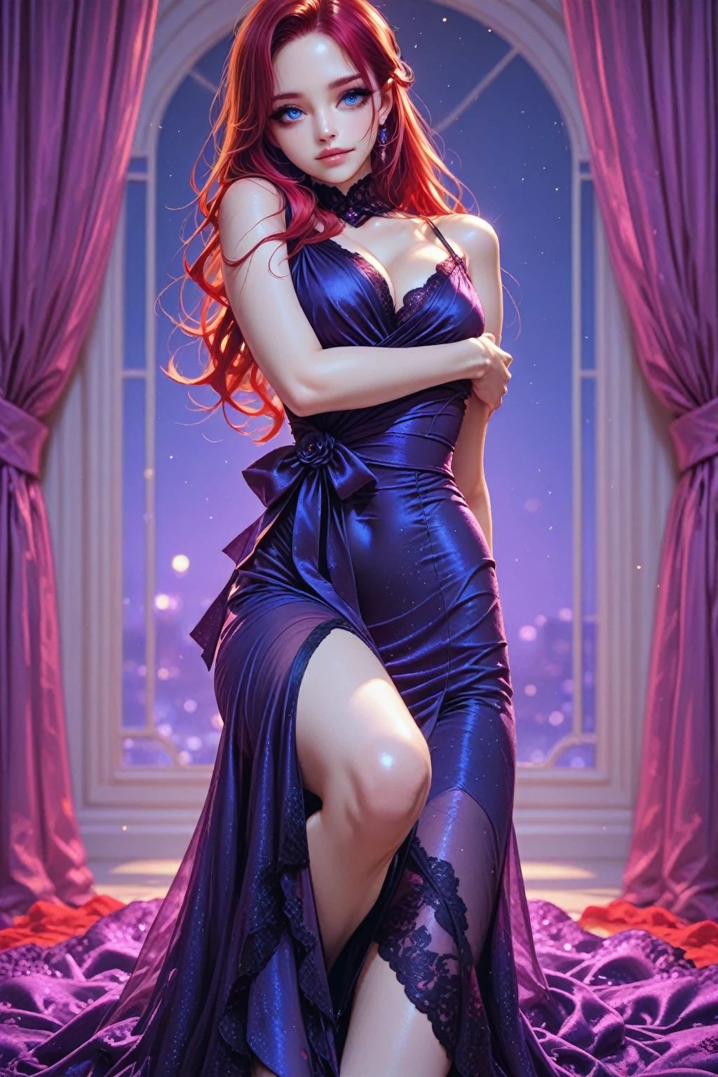 (Obra maestra, La mejor calidad:1.2), Disparo de vaquero, solamente, 1girl, mlpdazzle, sonrisa malvada, Mirando al espectador, vestido de noche , vestido sin mangas con  escote , senos grandes , atardecer, lindo maquillaje , mlp , Adagio Dazzle , lindo maquillaje , labios rojos , fondo variado