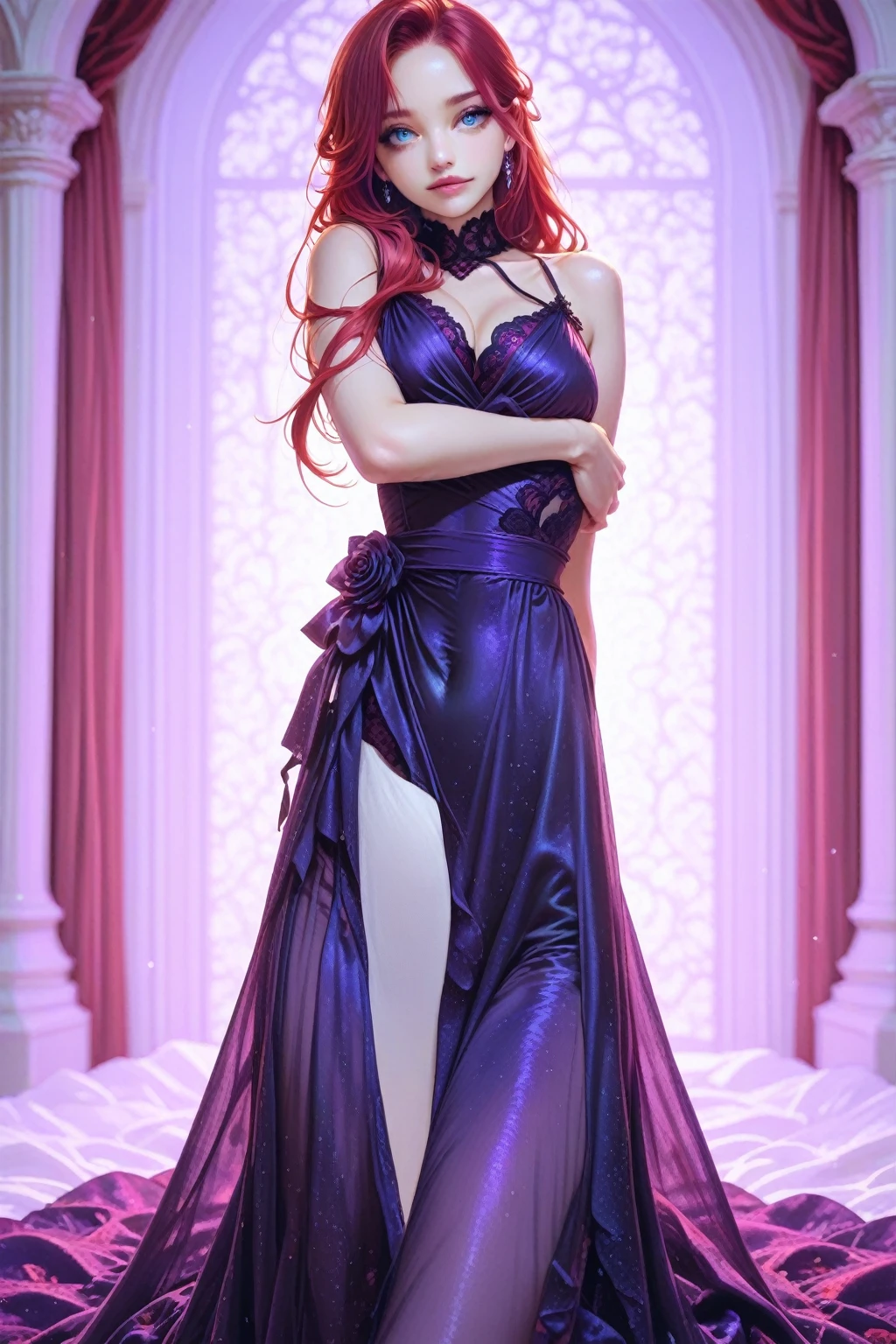A pink haired woman with violet eyes with an hourglass is posing in  ball gown on a red carpet