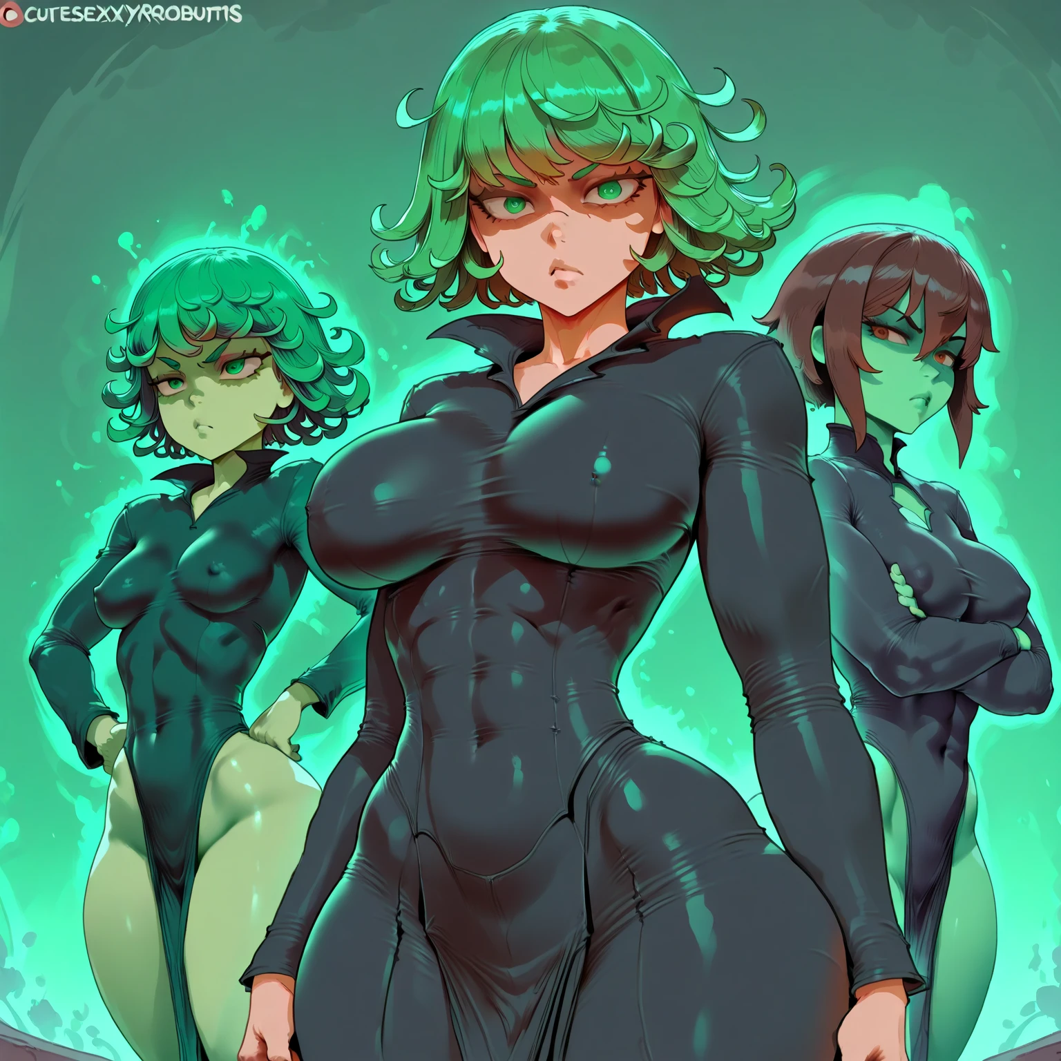 anime girl in a black outfit with green hair and a big breast, tatsumaki from one punch man, tatsumaki, tatsumaki with green curly hair, anya from spy x family, badass pose, best anime 4k konachan wallpaper, seductive anime girl, android heroine, cushart kenz, rogue anime girl ayanami rei, gynoid body