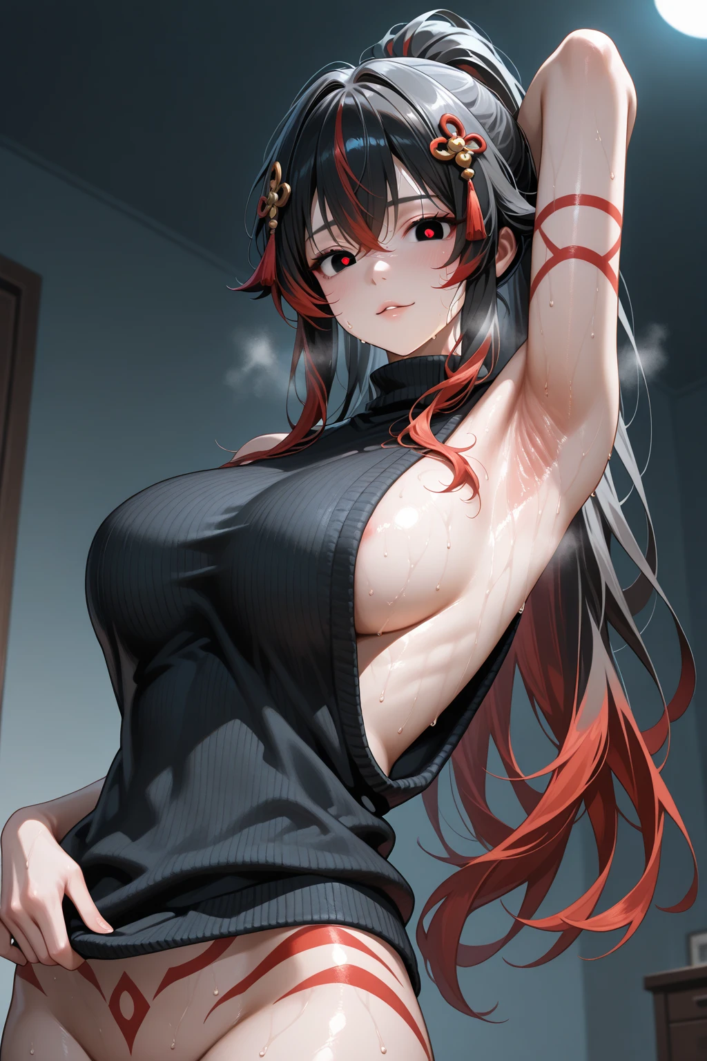 ((Long Straight Black hair)), Perfect face, Choker, Punk earrings, ((Tall)), ((High Quality)), Necklace, ((Mature)), Pretty Eyes, Sharp Nails, Bangs, ((1 Girl)), ((Multiple Earrings)), 1 girl, Spiky Earrings, Adult, Spiked Collar, Thin Eyelashes, Plain Background, Red Colors in Background, Shark Girl, Long Tail, Large Tail, Massive Tail, Shark Tail, ((Sweatpants)), ((Loose Crop Top)), Close Up, Very Short Mini Skirt, Tall, Long Legs, Dynamic Pose, Black Tail, 2 moles under left eye, Wide Hips, Pantyhose, Vibrant Colors, Close Up, Sexy, Suggestive, Sexually Suggestive, NSFW, Naked, Nipples, Vagina, Horny,