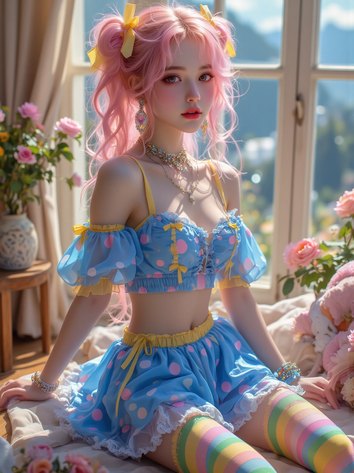 woman model. Sky blue blouse with sleeves, with lemon yellow medium shorts. Long thin noses, a beautiful accessory with a half pearl on the forehead. White and pink paleta de cor.
