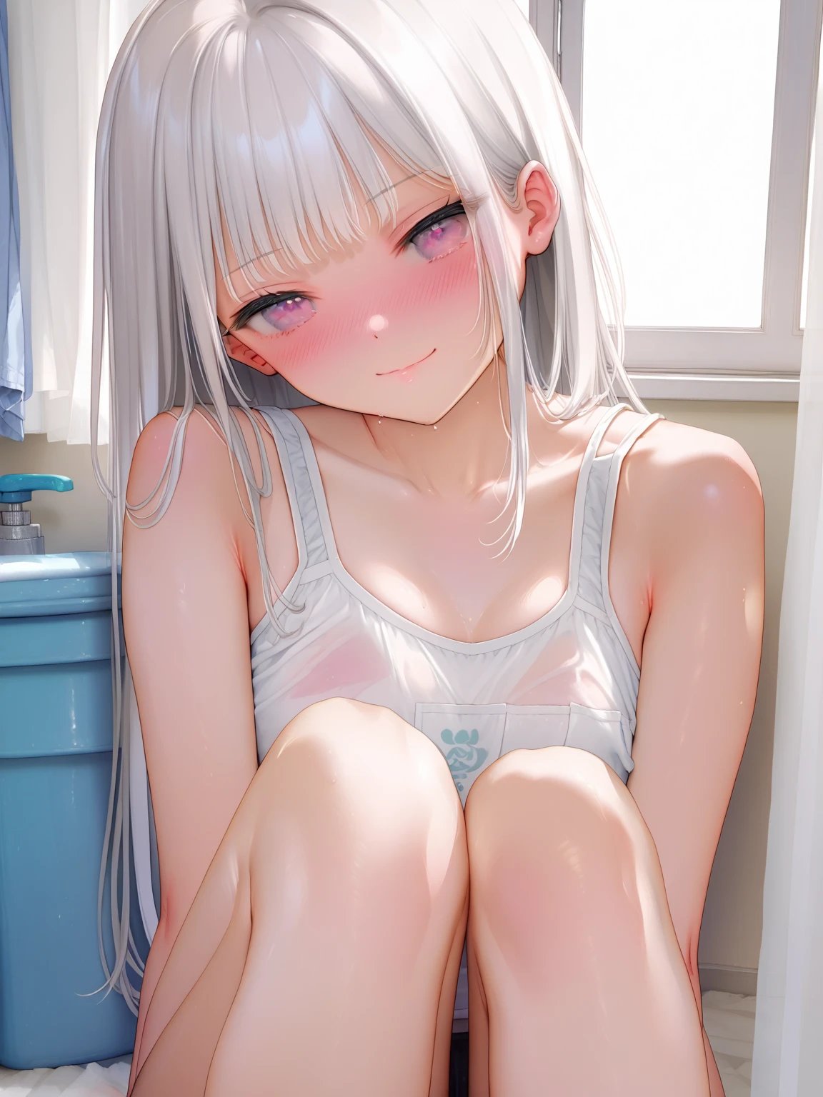 8K, Super Detail, 3D, HDR, f2.0, Full Body, 5 Head Body, 10 years old, Child figure, Big eyes, Cute, Squatting, Slender legs, Finger biting, Front shot, Small see-through white bikini, Bitten, shiny blonde, Nipples hard and long dark pink, Wet skin, Glossy white skin, Copious white liquid in the crotch or chest or face, Happy smile on the bed, with a loose mouth, Grinning eyes, sticking out tongue, dripping a large amount of white liquid on chest and face, happy smile