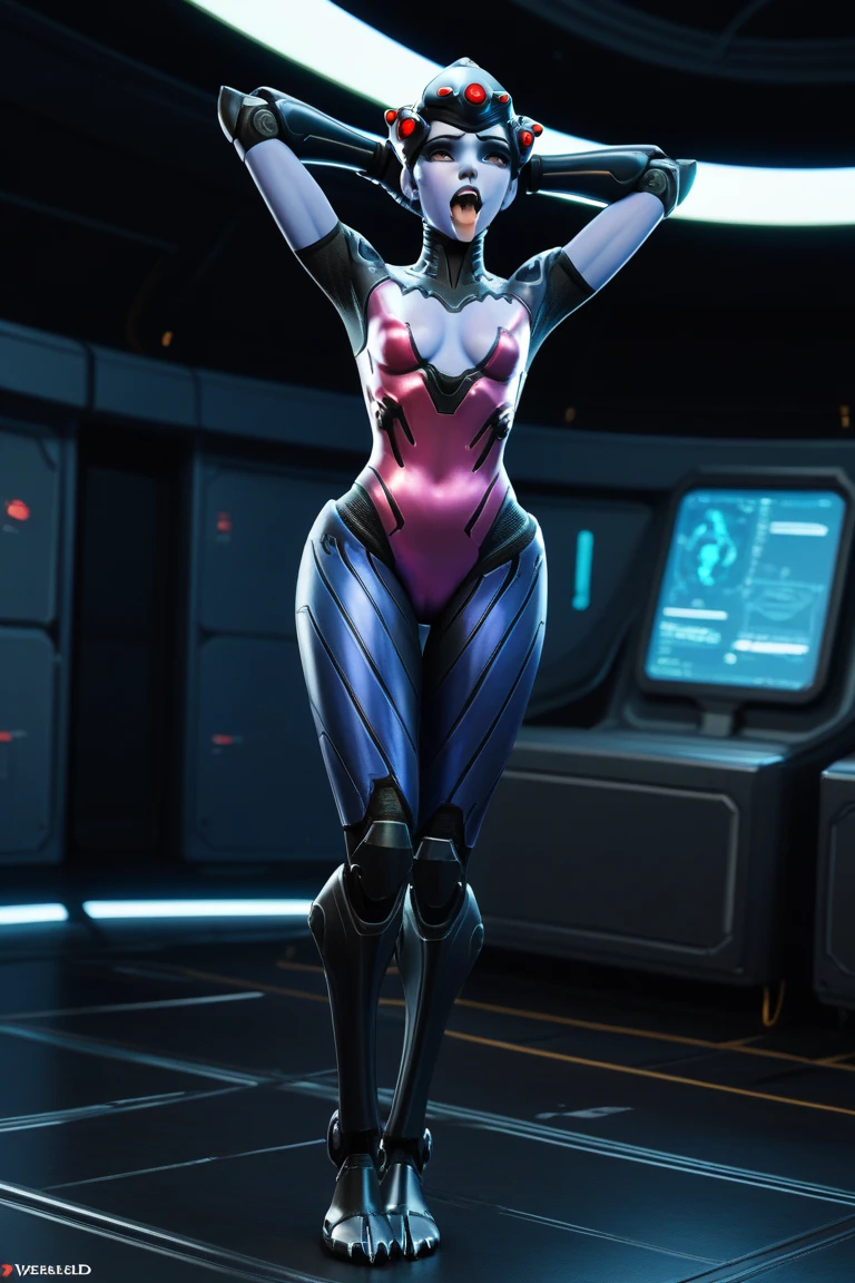 (masterpiece: 1.2, best quality), (1 milf, solo),bad luck\(league of legends\),blue (pantyhose:1.1), large breasts, (Dynamic stance), demon girl, ( small demonic horns:1.1), (, (heaven), )
