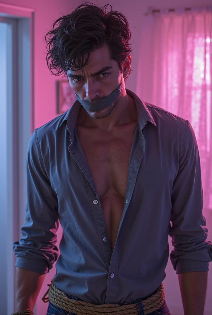 Hot, sweaty, beefy, shirtless dad on the bed with his hands tied up behind his head. He also has big, bushy, hairy armpits. Big cockhead bulge on his underwear. (He is also blindfolded with a cloth tied around his eyes, covering his eyes). (He also has a dad bod).