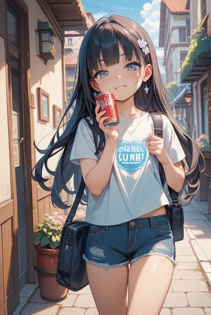 highest quality、Realistic、female、Japanese、zoom、cute、Gray Eyes、Chestnut Hair、Bonytail、Large white T-shirt、mini skirt、Chubby、Eat soft serve ice cream