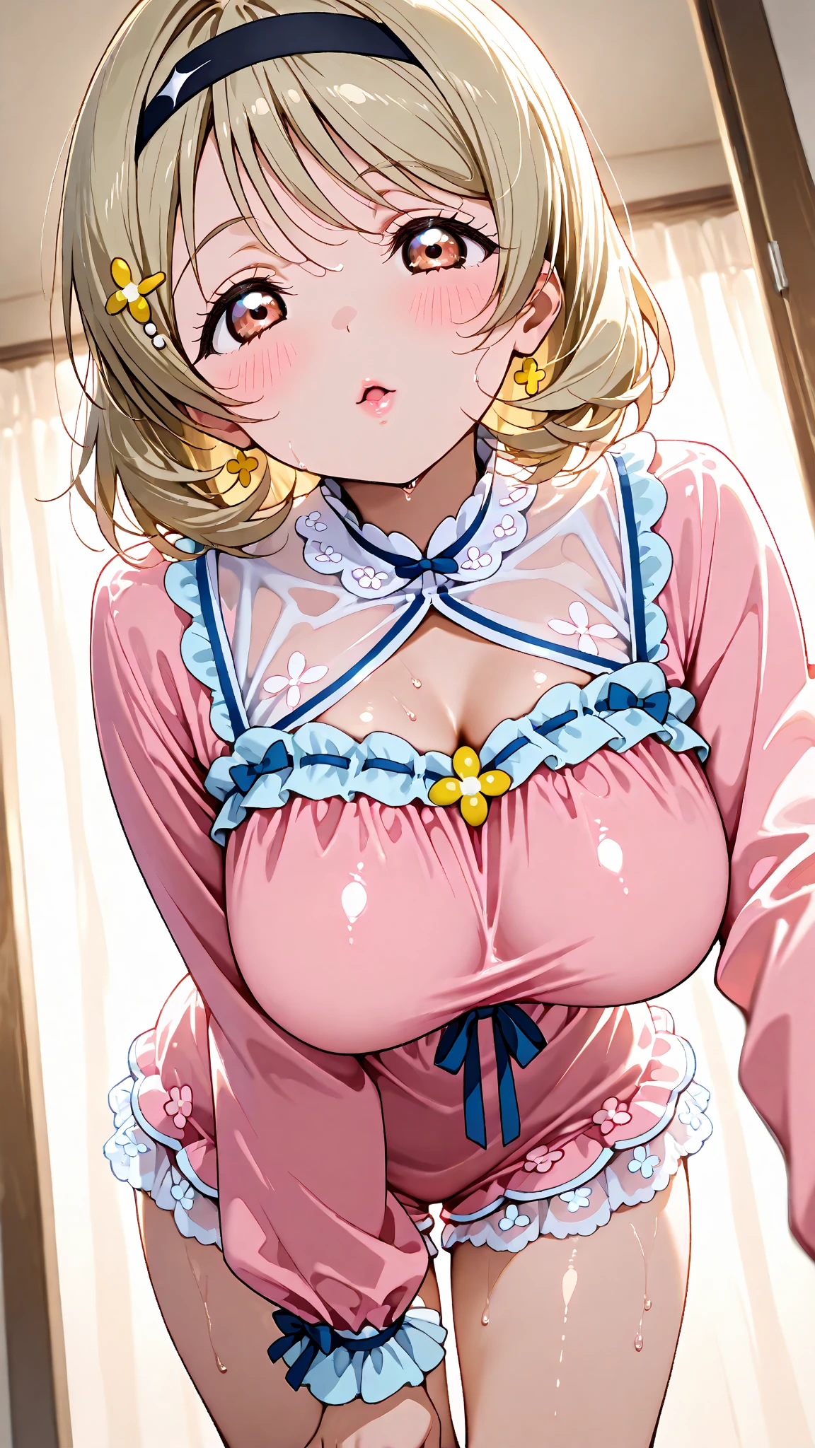 highest quality、Ultra-high resolution、Anatomically correct human body、Perfect human body、Clear lines、Two Arms、Two legs、((Five Fingers))、Delicate fingers、Low angle shot:1.5、((Showing panties:1.5))、((Light pink hair:1.4))、((White sexy silk panties))、((Her tiny thong panties are tucked between her legs))、((Panties close up:1.4))、((Very large, Firm breasts:1.4))、((Close up of open legs:1.5))、((Shiny light pink nipples:1.3))、Bob hair up to the shoulders、Delicate hair type、fluffyの髪、Curly Hair、Braided hair、Silk maid outfit、Maid clothes with wide open chest、White silk knee socks、A cute and beautiful face down to the last detail、(PurerosFace_v1:0.008)、eyeliner、blush、Embarrassing、Glare、 Glossy lips: 1.4, impatience、Panty Appeal、Panties close up:1.3、blush、Open your knees、Spread your legs、Disheveled clothes、Bright green eyes、Cute ribbon、Shiny gold leather high heels、Stiletto heels、transparent、Glowing White Skin、Sweaty chest、Bell earrings、Shining bright colors、Clear contours、Floral Hair Accessories、Small white gloves made of thin silk、stylish、kind、soft、High-end furniture、stylishな編み込み髪、Scrunchies on the wrist、Ribbon with bell around neck、Big eyes、Silky smooth texture、Color unification、Luxurious canopy bed、Clean the nose、garter belt、Droopy eyes、Light blush on the cheeks、Put one hand over your mouth、Midday sunlight filtering through lace curtains、Bright interior、happiness、はっきりとしたBig eyes、Bright expression、M-shaped foot、Arabic style columns、Tilt your head、Laugh gently、非常にDelicate fingers先、Detailed and vibrantly colored floral wallpaper、Tea set、A small gold watch on one wrist、The leather corsets、Eyes that shine like jewels、Symmetry in clothing、fluffy、Finest Silk、attractive appearance、Please open your mouth a little、Burberry style check、明るいピンクColor unification感、Emphasizing the depth of the human body、Sharp camera angles、See-through、フリルの付いたfluffyの可愛い白いエプロン、