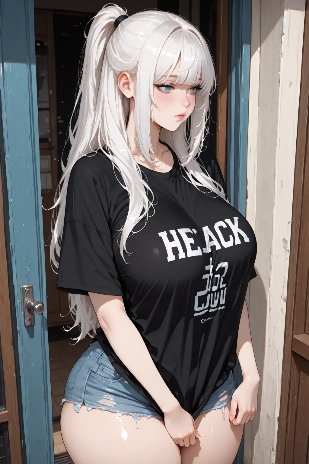 (masterpiece:1.2, best quality), (real picture, intricate details), 1lady, solo, whole body, sitting down, casual, long hair, minimal makeup, natural fabrics, school, really long light platinum blonde hair, bangs, green eyes, big breasts, school PE shorts, small shorts, athletic shorts, wet, sweaty transparent white t-shirt, wet t-shirt, school PE t-shirt, plump breasts, thin waist, sweaty, tired, red face, sweaty body, glistening.