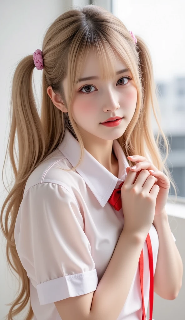 　(Highest quality、8k、32K、masterpiece、Hmph:1.2)、(masterpiece, Highest quality), Realistic photos, high school girl、16 years old、Twin tails、Instagram, Bright colors, High Dynamic Contrast, Slender figure、thin、Small, shapely breasts、One girl, ((Blonde)), Purple eyes, Lips parted, blush, compensate, A light smile, Red tie、White short-sleeved shirt、sexy、Red exy、Sweat, Wet, light, Shine,  Tight waist, (masterpiece), Pink Wallpaper,
