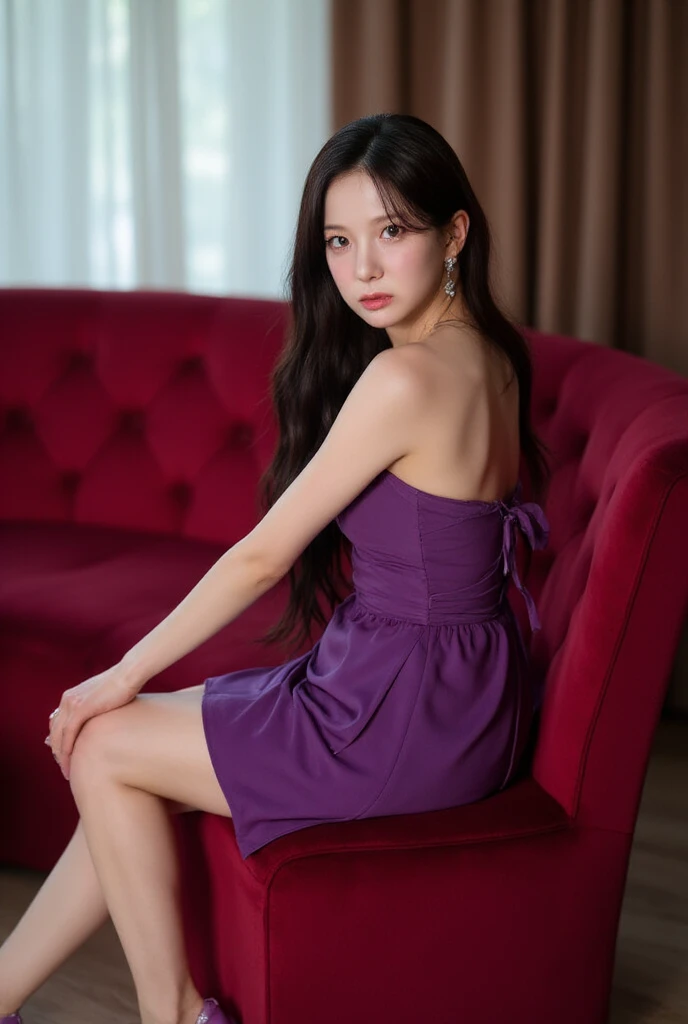 detailed background, masterpiece, best quality, 1 person , curly hair, long hair, purple eyes, star in eye , sharp red Strapless blouse, long skirt, red color