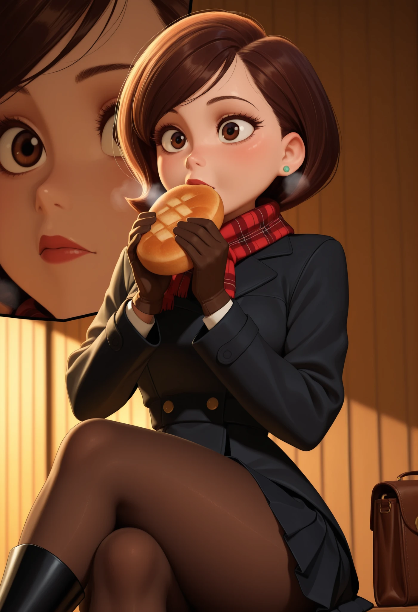 Helen Parr , mature female, medium hair, Bob_cut, brown hair, brown eyes, big eyes, long eyelashes, medium breasts, narrow waist, thick thighs, huge hips, gigantic ass, fair skin, thin hands, earrings, makeup, pink lips, lipstick.| highres,absurdres,very awa,masterpiece,best quality,newest,lineart,chiaroscuro,Natural Light,Mood Lighting,cinematic lighting,volumetric lighting,ray tracing,dramatic shadows,dappled light,photo background, \\, ,solo,(close-up:1.5),(portrait:1.1),upper body,long sidelocks,White dense eyelashes,sitting,outdoors,bag,bread,plaid scarf,gloves,long sleeves,black footwear,crossed legs,black coat,brown pantyhose,breath,pleated skirt,skirt,skirt,blush,holding,eating,