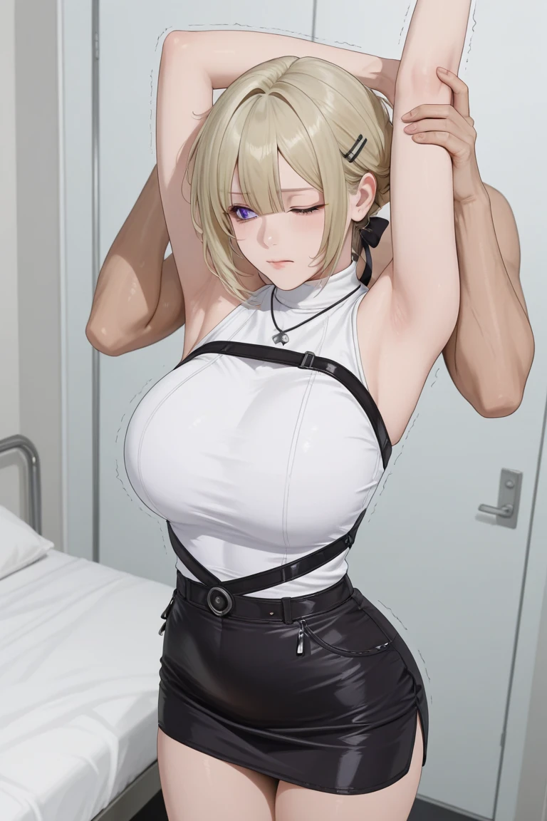 score_9, score_8_up, score_7_up, 1girl, looking at viewer, wedding gown, standing wedding, indoors, hellsing, blonde, red eyes, huge breasts, rating:safe, sfw, closeup, solo, abs, narrow waist, tiny waist, mature female, smile,  ikuchan, Masquerade mask, necklace, 1boy, dark skinned male, size difference, huge male, faceless male, kissing