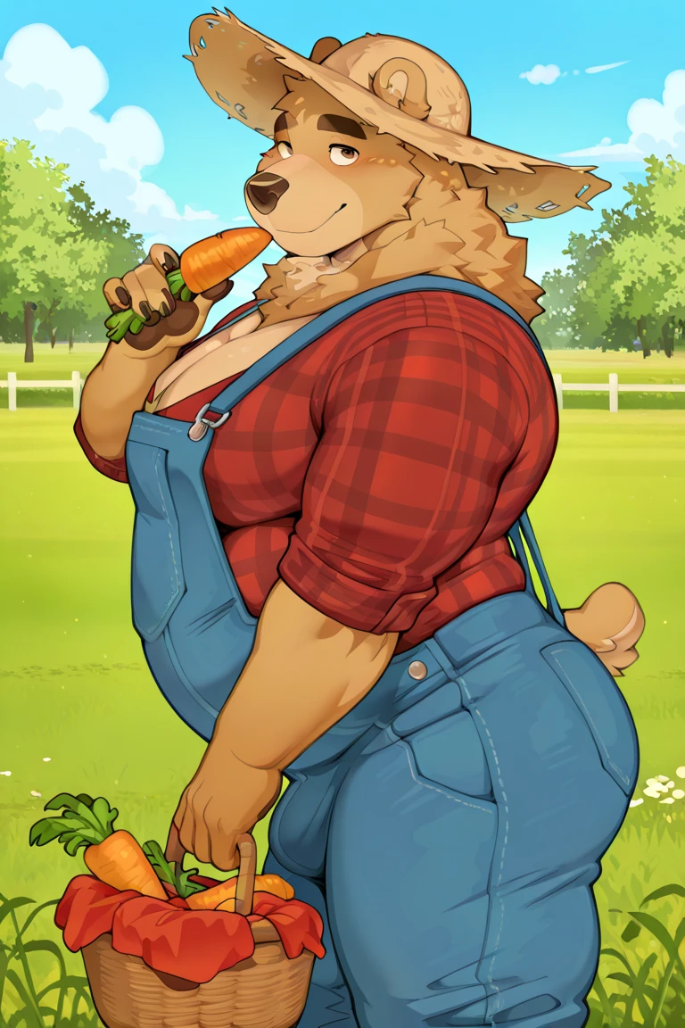 Solo female, cow, bovine, wide hips, chubby, thick thighs, flirty, cute, tank top, snapback hat, carrying hay bale, sweating, country, farm, southern 