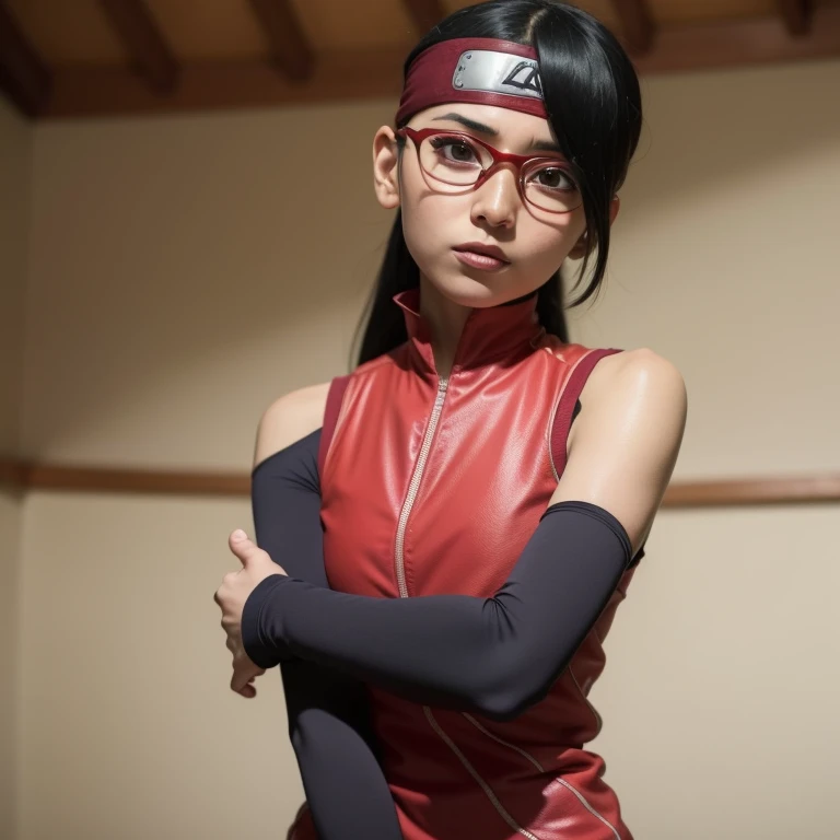 Sarada, Cabelo preto curto , olhos pretos, and with red glasses , nova com uma tez de pele clara , tem 18 anos , Esse ganho de peso , Parte superior do corpo , Seios gordinhos e gordinhos , Use uma roupa shinobi , It is in the dining hall of Shinobi Academy
