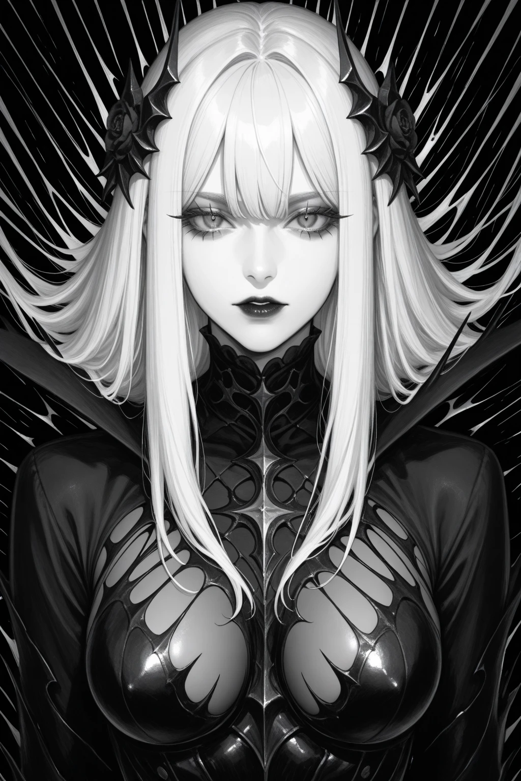 Ambilight, masterpiece, ultra-high quality, (Ultra detailed original illustration), Beautiful Girl, Upper body, Horns, ((Evil Fashion)), Crying Blood, Splash, Blood Dress, (Double Exposure, Fussion of Fluid Abstract art, Glitch, 2D), (Gothic Oiginal illustration composition),( fusion of limited color, Fractal Geometric, Web, Comic Art) , Monochrome, High contrast, Shadows,  