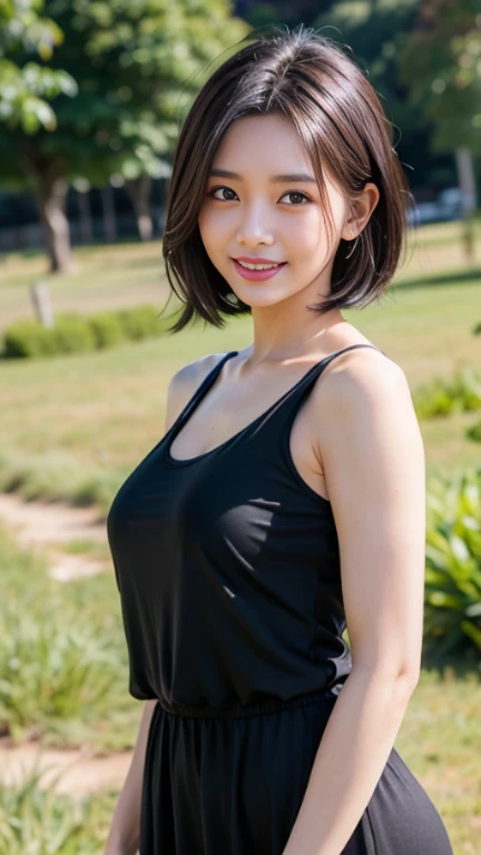 ((highest quality, 8k: 1.1)), 1 female,Yoga Teacher, Abdominal muscles: 1.1, Cleavage、22 years old,, Tank top,  Big eyes, Saggy eyes, double eyelid, Short Hair、Black Hair, smile, Perfect teeth alignment、Grass Park、Yoga cat pose、Full body photography