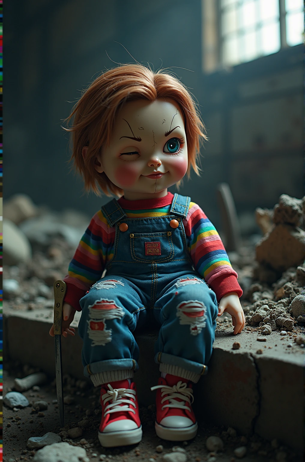 A boy doll abandoned in a garbage dump in a dilapidated Japanese factory town, holding a sharp knife in his right hand, sitting with his legs draped over the edge of the dump, with one eye closed, wearing an old rainbow long-sleeve sweatshirt and jeans overalls, red Adidas Superstar sneakers, chestnut hair, pale skin, surrounded by dust and spider webs, cracked celluloid face, lit by cold moonlight filtering in through a broken window, deep shadows, eerie and spooky atmosphere, perfection style, cinematic lighting, highly detailed, ultra-realistic, eerie and unsettling, dramatic contrast, Japanese texture, caution not advised