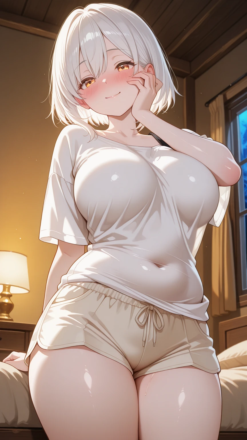 slender, mature female, slender, mature female, earrings, breasts, jewelry, smile, blush, large_breasts, blonde_hair, short_hair, looking_at_viewer, from_below, open_mouth, teeth, bangs, half-closed_eyes, parted_lips, indoors, solo_focus, brown_hair, navel, 1girl, blue_eyes, long_hair, pov, eyebrows_visible_through_hair, heart, purple_eyes, brown_eyes,necklace,