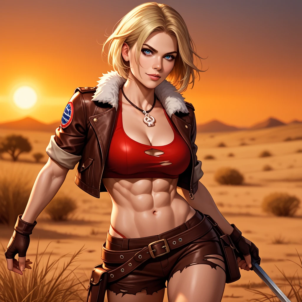 sexy blonde warrior, blue eyes, short haircut, apocalyptic survivor, leather belts, slight smile, firery backdrop, seductive, bikini
