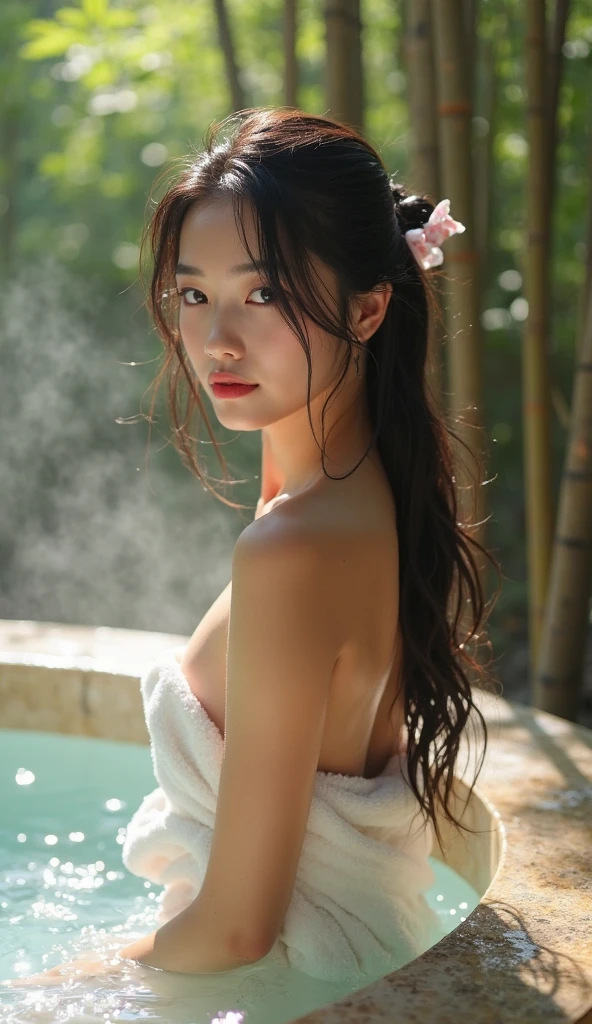 (in 8K、Raw photography、top-quality、masterpiece:1.2)、(realisitic、Photorealsitic:1.37)、1girl in、japanes、femele、((Detailed face))、Detailed lips、(A detailed eye)、More skin、((Wet Komono))、(Detailed :1.3)、(cammel toe)、perfectbody、(Wet body:1.2)、shinny skin、((dark brown hair、detailed tits:1.3))、(natural soft light、the woods:1.4)、((the morning sun))、(Highly detailed facial and skin texture)、((Ponytail))、(bangss)、(splash water)、((under the rain))、(length hair)、((Upward perspective))、(Sit up)、(opens legs)、(Expose your upper body)、((Surrounded by butterflies))、((Put your hands on your head))、((Eyes closed))