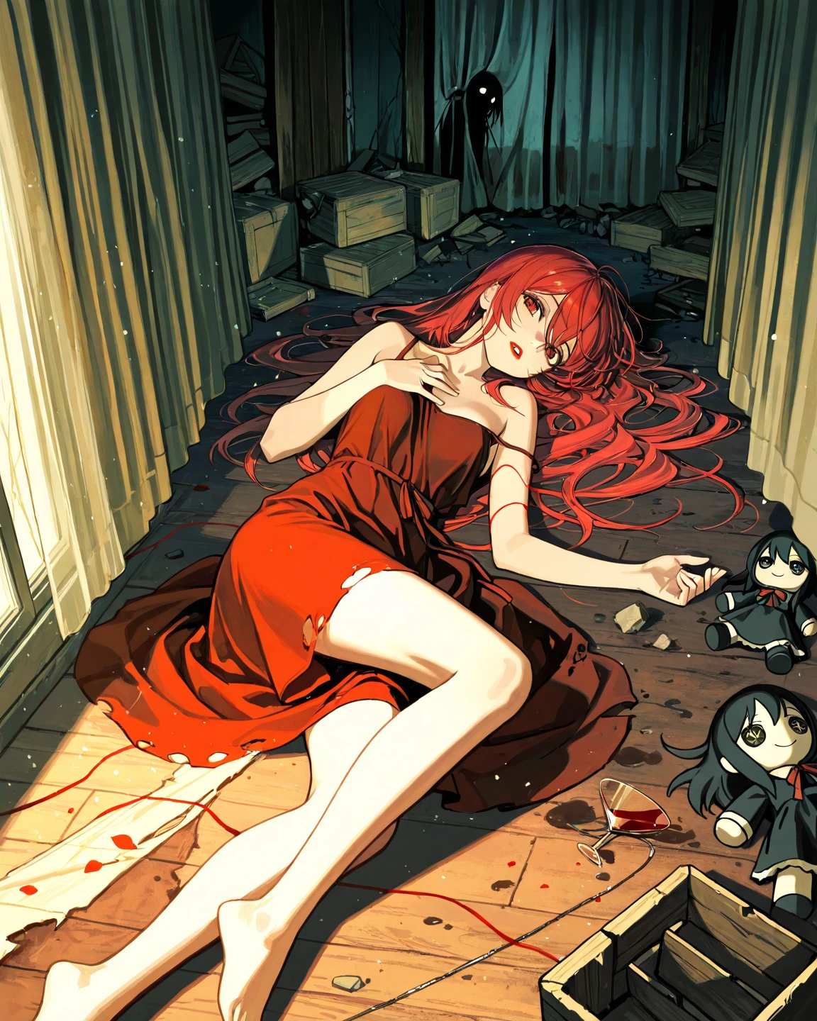 masterpiece,best quality, ultra highres,,red background, 1girl, solo,couch,sitting,red eyes,horror \(theme\), long hair, indoors, red sweater, skirt, shoes, full body, blood splatter,

