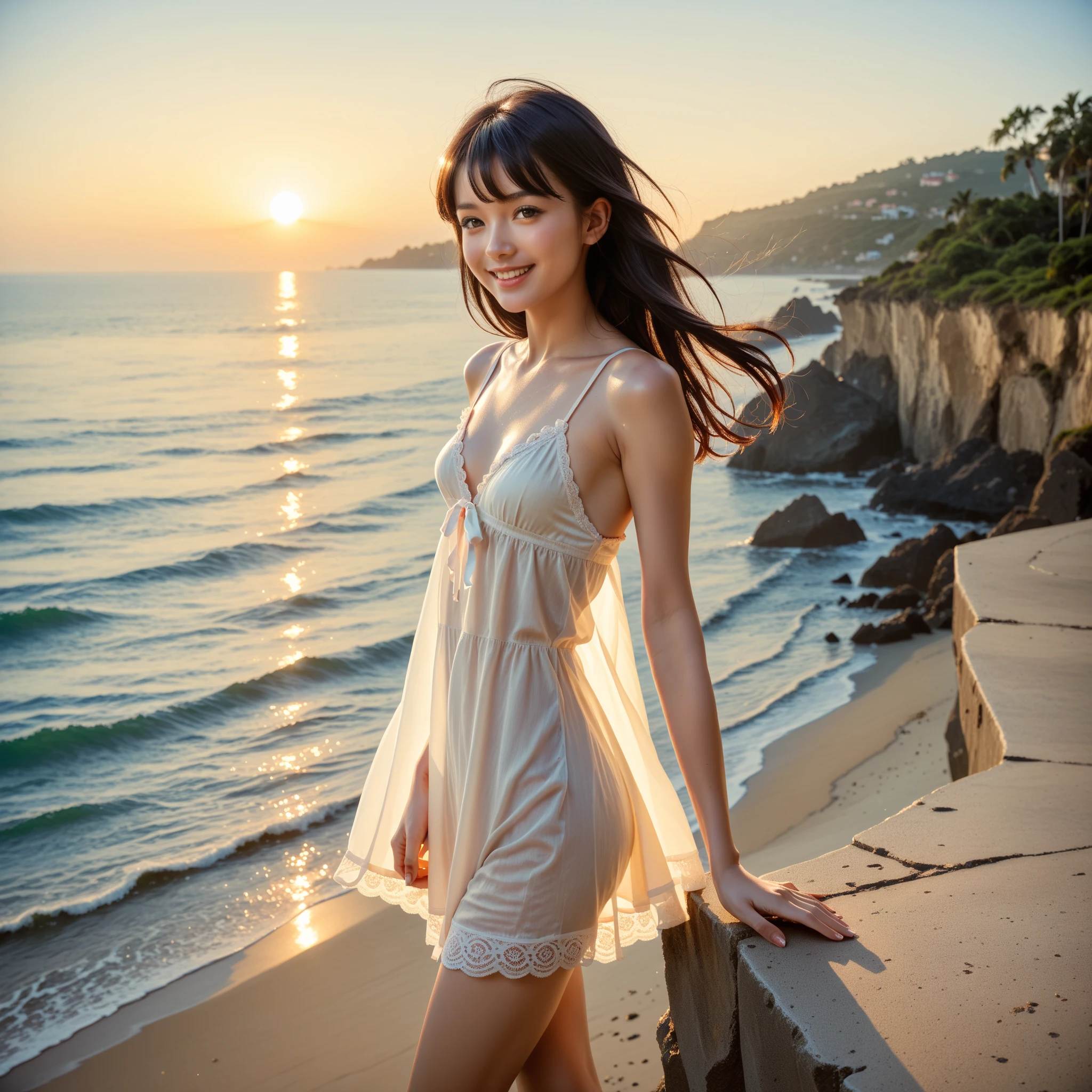 A 20-year-old as cute as a 15-year-old idol、Smiling Kindly、Medium size chest、Cleavage、(Sheer dress)、Stroll along the sandy shores of this beautiful beach、Daytime、Full body portrait、(High level of artistry)、(Artistic Expression)、RAW Photos、Genuine、realism、live-action、RAW Photoasterpiece、Highest quality