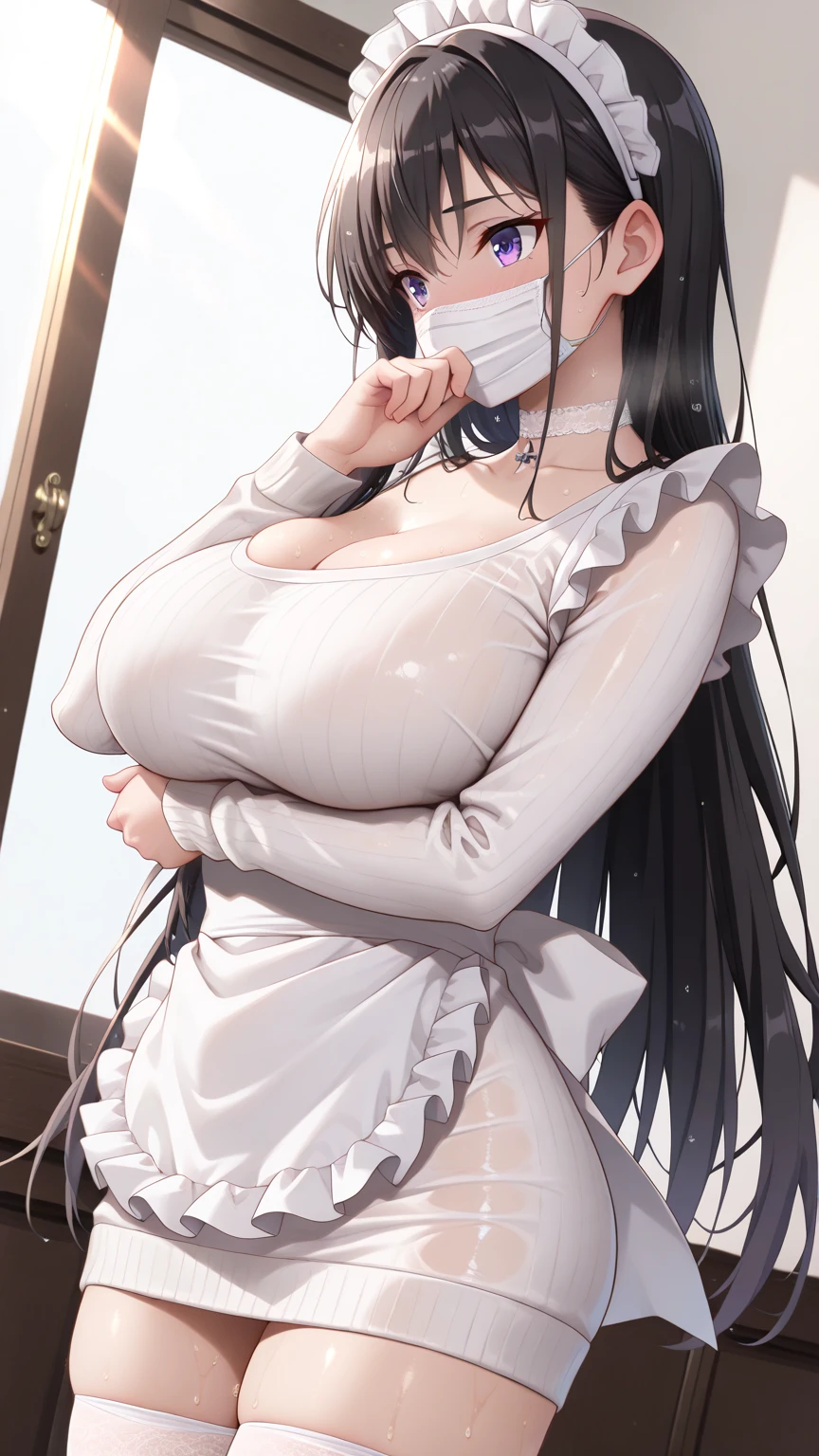 (((A young woman))), (((solo))), (((blue eyes))), (((bangs))), (((seductive look))), (((with glasses and white long-sleeved shirt))), (((wearing a tight white mini skirt))), (((black thong panties showing))), (long hair), (((straight hair))), (((jet black hair))), medium breasts, thick thighs, (((girdle league))), (((posing for a photo))), (((White background))), (((simple background)))