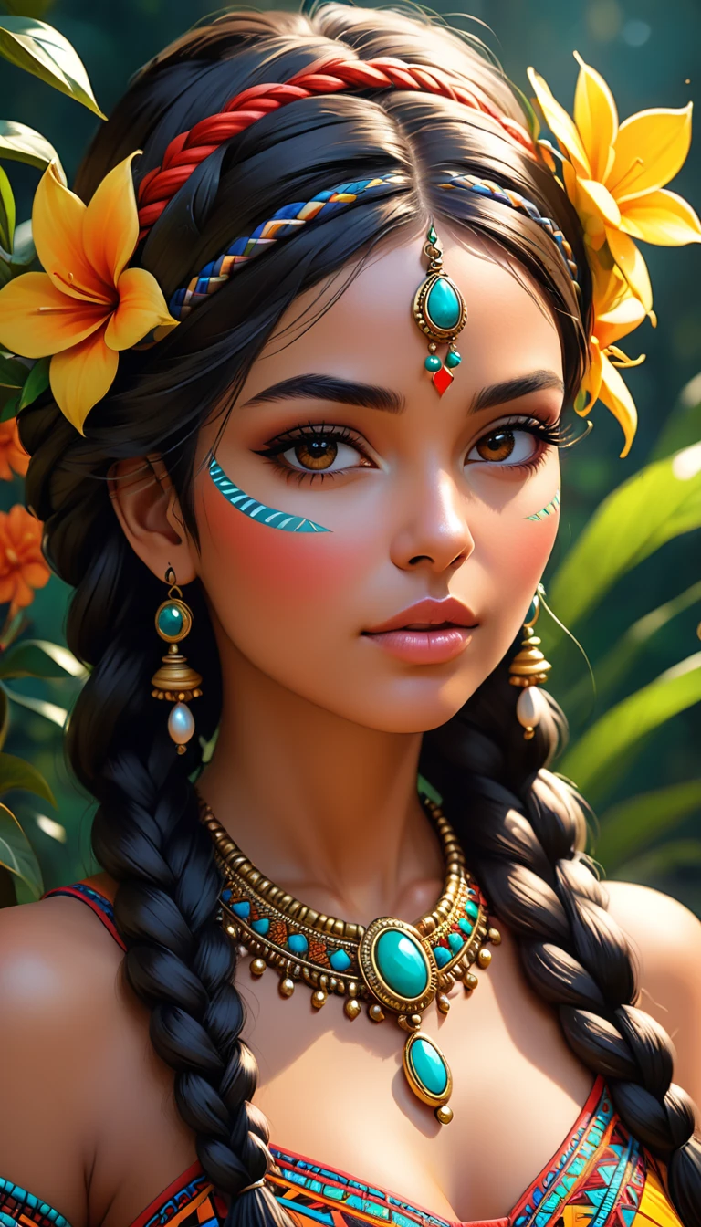 1 girl,Inca woman,

(Big breasts:1.4),((((long black hair, floating hair)))),(((brown_eyes:1.3))),difficult eyes,beautiful detailed eyes,symmetrical eyes,big_eyes:1.5,((((dark skin:1.5,Shiny skin:1.5,tanned skin,bright skin: 1.5,tanned skin,Shiny skin,very Shiny skin,shiny body,Reflective skin)))),(lower abdomen of a spider,slim waist,wide hip,athletic body,pumped up legs,thick thighs,(detailed face)),beautiful detailed lips,mature, sexual, toned muscles, Long legs, curves, thick thighs,  wide hips, slender legs,long eyelashes,

Cute,promiscuous,sensual,seductive look,seductive,((Erotic)),Rich,luxurious,((nsfv)),

(1 Inca woman in Inca costume with red blue white and pink colors), (a beautiful Inca woman dressed in traditional Inca dress typical costume of the woman of Cuzco Peru),  (Full traditional Inca costume),((mini skirt)),

(shy pose:1.3),I look at the viewer,embarrassed,shy,centered,scale to size,Rule of thirds,

on open air,overgrown,(overgrown background,luminous crystals,bioluminescent plant),landscape,extremely landscape,(((luminous crystals,bioluminescent plants))),(Puddles are everywhere,month,month on the background),clouds,water lilies,palms,already,(sunset, golden hour),(Dense jungle, full of exotic plants and animals),

(Pre-Hispanic glossy ornaments),a high resolution,Sharp Focus,(Ultra detailed,extremely detailed),(photorealistic work:1.37),(extremely detailed CG unity 8k wallpaper),(((bright colors,bright theme))),(difficult),(masterpiece),(Best quality),art photography,(photo taken by sldr),(difficult background),perfectly drawn face,perfect facial details,realistic face,photo realistic,((difficult detail)),(((Realism))),
