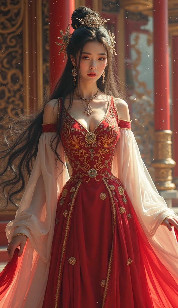 Beautiful, soft light, (beautiful and delicate eyes), very detailed, pale skin, big smile, (long hair), dreamy, medium chest, female 1, ((front shot)), bangs, fiery red hair, soft expression, elegant , bright smile, concept art, small necklace, small earrings, jewelry, shyness, dreamy soft image, skirt, shirt, jacket, color, photorealistic, realistic, (masterpiece:1.2), (best quality:1.2), ultra-detailed, best shadow, detailed background, high contrast, (best illumination, an extremely delicate and beautiful), ((cinematic light)), 8k, very aesthetic,