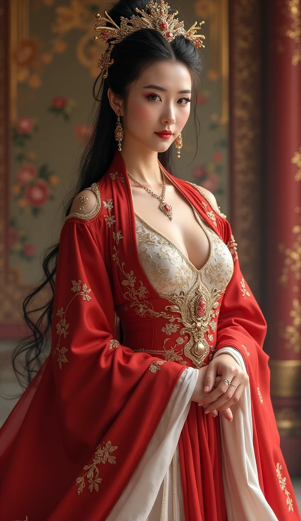 A captivating close-up of a woman adorned in an exquisite gown inspired by Hedi Xandt, a digital representation that embodies the latest CG trends, digital art, and sensual painting. The woman, with a striking, voluptuous silhouette, is depicted in ultra high definition, exuding a seductive allure. The painting, rich in detail and vibrant colors, showcases a sophisticated, Karol Bak-style elegance.