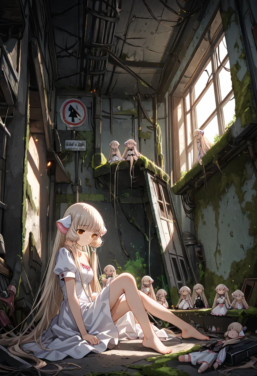 1 girl,  wide-angle lens , Articulated doll , Chobits, empty eyelet, Abandoned , Abandoned  place, arm, Long hair,indoor,Breakthrough feet, window, shadow, ,( Moss :1.33), Looking Down, dress, "error sign",sitting,at the knee,Deep Light,(masterpiece,  Best quality , Amazing quality, Very aesthetic, high resolution, Super detailed, absurd)