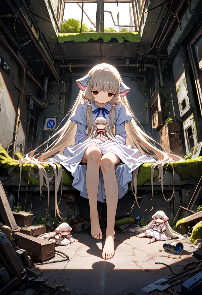 1 girl,  wide-angle lens , Articulated doll , Chobits, empty eyelet, Abandoned , Abandoned  place, arm, Long hair,indoor,Breakthrough feet, window, shadow, ,( Moss :1.33), Looking Down, dress, "error sign",sitting,at the knee,Deep Light,(masterpiece,  Best quality , Amazing quality, Very aesthetic, high resolution, Super detailed, absurd)