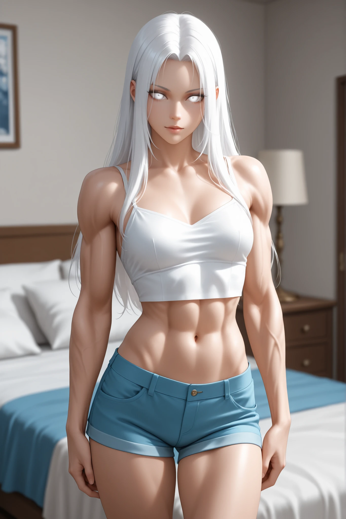 (hyperrealistic), (illustration), (high resolution), (8K), (extremely detailed), (best illustration), (beautiful detailed eyes), (best quality), (ultra-detailed), (masterpiece), (wallpaper), (detailed face), solo, 1 transsexual girl, white wavy hair, Caucasian, heterochrome eyes, small moles under the eyes, loose white shirt, mini shorts, erection, big, big, long legs, tight abs, camel toes, dynamic pose