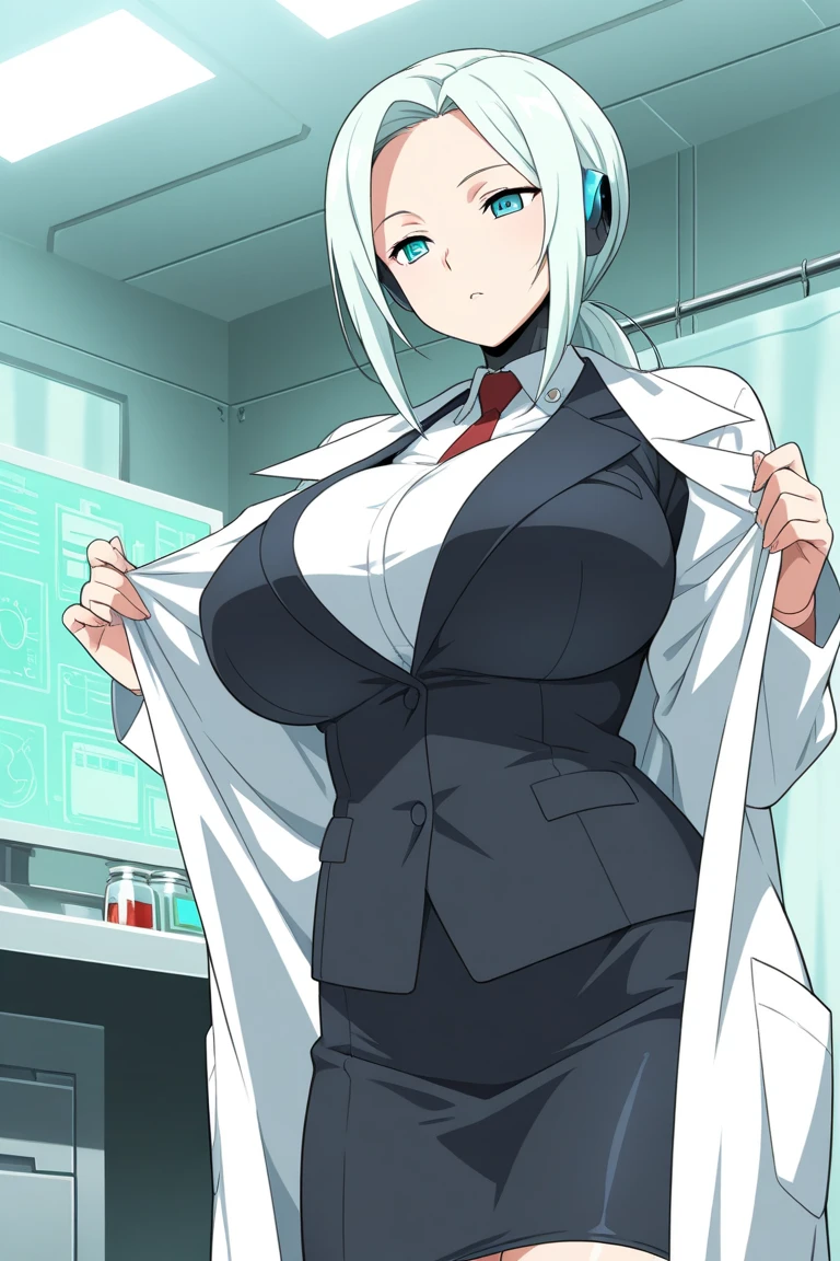 masterpiece , best quality , 1 sexy girl , (1 goose:1.2) , lab coat, doctor's white robe , (covered nipples:0.9) , (gigantic tits:1.2) , (thick arm:1.1) , thick thigh , gigantic hip , (white hair:1.1) , (plump:1.1) , surrounded by sci-fi machinery and monitor , (black glasses:1.1) , (evil smile:1.1) , (holding red crystal:1.2) ,