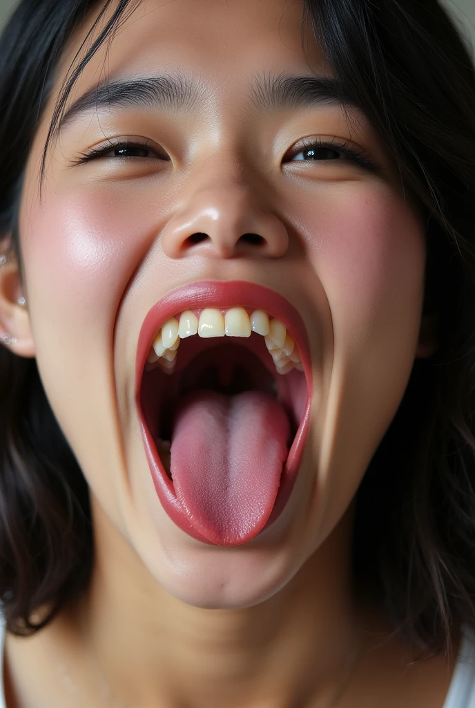 Korean,5 years old,,woman,Show only the face,Eyes wide open, a scary smile,Open your mouth and eyes wide,stick your long tongue out of your mouth,Brown tongue,The tongue is dirty