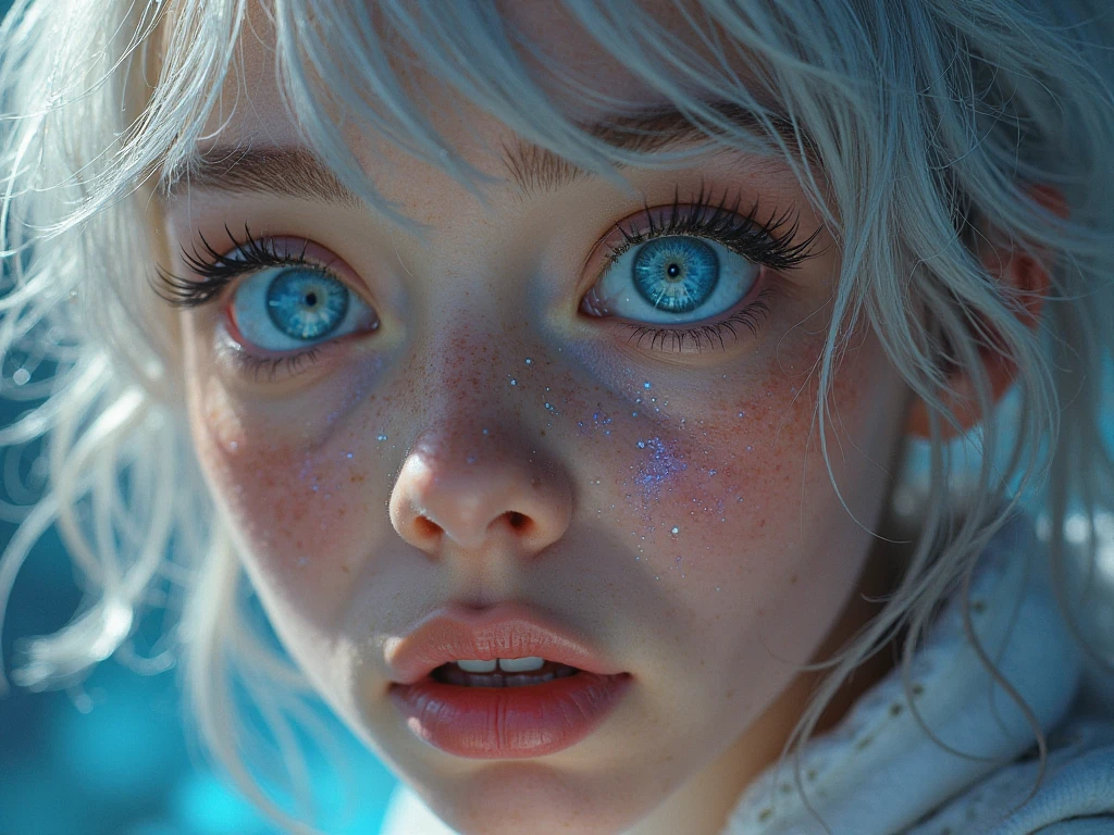 HD realistic girl face details with blue crystal eyes