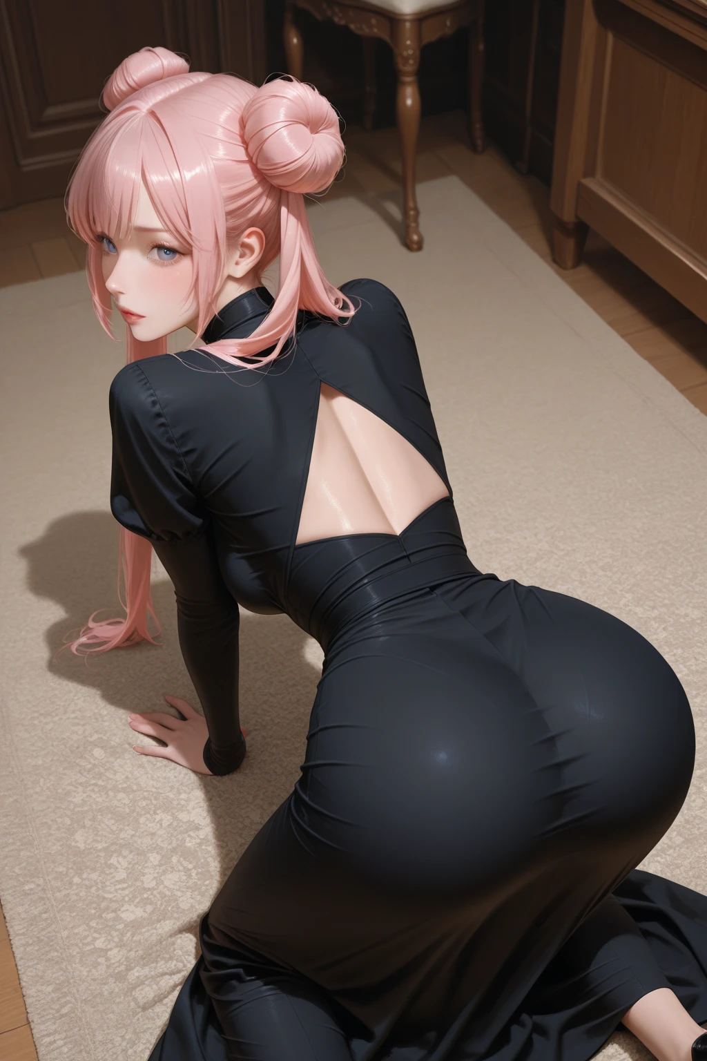 Meisterwerk, (realistisch), high-res, hochdetailliert, kompliziert, Beautiful women, rote Haare, blaue Augen, Sommersprossen, detailliertes Gesicht,  tight catsuit, from behind, looking at viewer, showing ass, smile, roped, tied up, bondage, on bed, Makima, on all fours, big ass