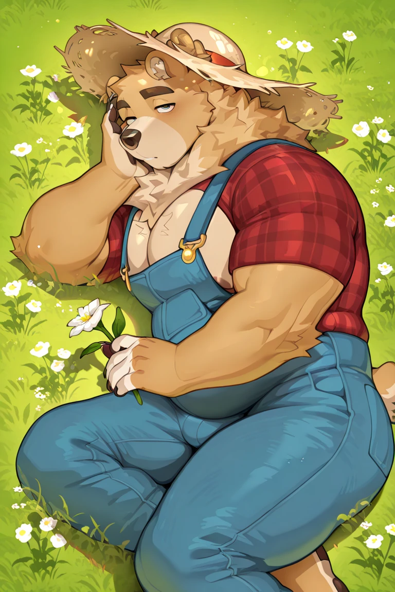 anthro bear, male, chubby, bara, furry, neck fluff, chest fur, light brown fur, red plaid shirt, denim overalls, straw hat, green field and barn background, holding a flower, looking at flower, next to viewer, laying down, laying on grass, resting his elbow on the ground and his hand on the face, side view, dutch angle, peaceful rural vibe.