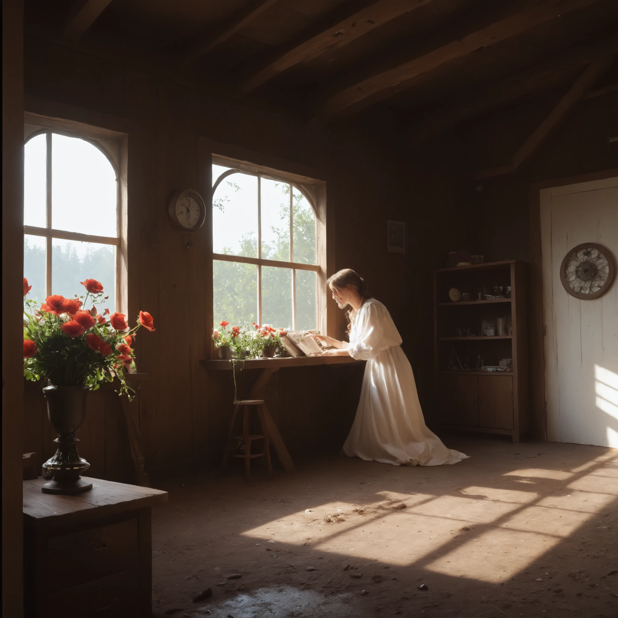 uzzlanggirl,Inside an old house , attic, Dust-Covered Spherical Articulated Doll, One beard man have long beard shaving. Degraded Over Time, Fresh White Flowers Are Attached to the Hand, Moonlight Shining Through a Window, Flowers Are Illuminated, masterpiece, top quality, Highest image quality, Hope in the Fallen, Spherical Articulated Doll Parts Are Scattered, realistic shading, amazing lighting